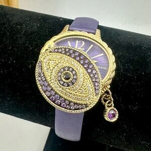 JUDITH RIPKA Stainless Steel Purple & Gold Diamonique Evil Eye Watch New Battery